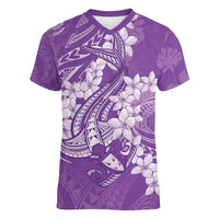 Purple Polynesia Hammerhead Shark Tattoo With Plumeria Lei Women V-Neck T-Shirt