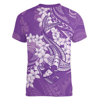 Purple Polynesia Hammerhead Shark Tattoo With Plumeria Lei Women V-Neck T-Shirt