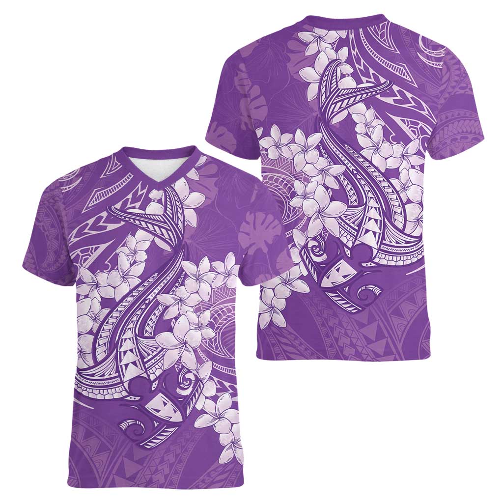 Purple Polynesia Hammerhead Shark Tattoo With Plumeria Lei Women V-Neck T-Shirt