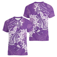 Purple Polynesia Hammerhead Shark Tattoo With Plumeria Lei Women V-Neck T-Shirt