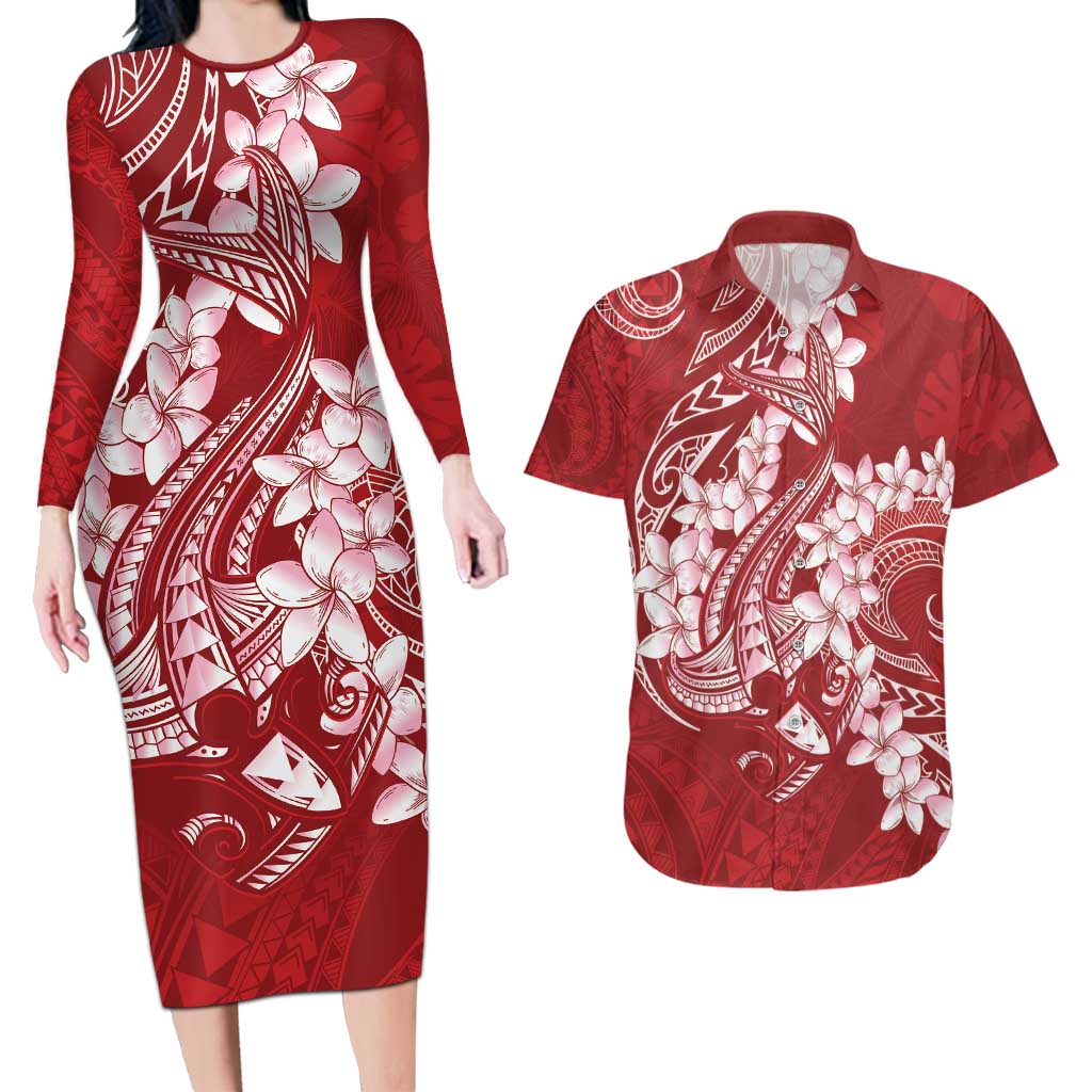 Red Polynesia Hammerhead Shark Tattoo With Plumeria Lei Couples Matching Long Sleeve Bodycon Dress and Hawaiian Shirt LT14 Red - Polynesian Pride