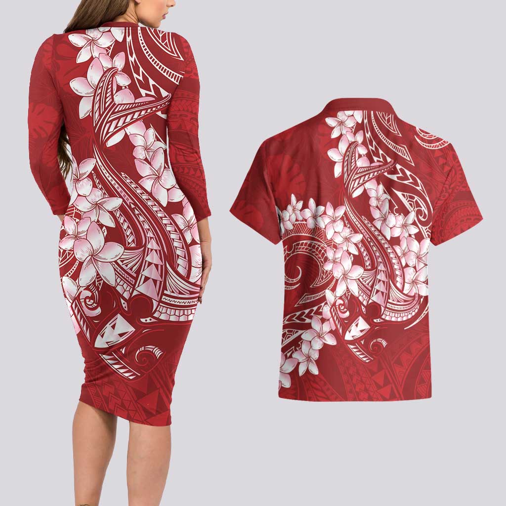 Red Polynesia Hammerhead Shark Tattoo With Plumeria Lei Couples Matching Long Sleeve Bodycon Dress and Hawaiian Shirt LT14 - Polynesian Pride