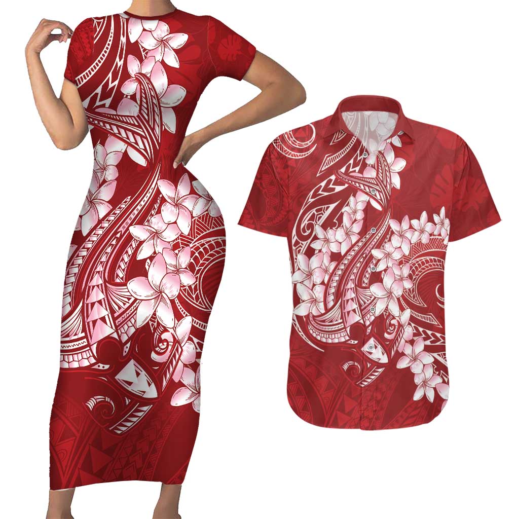 Red Polynesia Hammerhead Shark Tattoo With Plumeria Lei Couples Matching Short Sleeve Bodycon Dress and Hawaiian Shirt LT14 Red - Polynesian Pride