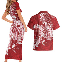 Red Polynesia Hammerhead Shark Tattoo With Plumeria Lei Couples Matching Short Sleeve Bodycon Dress and Hawaiian Shirt LT14 - Polynesian Pride
