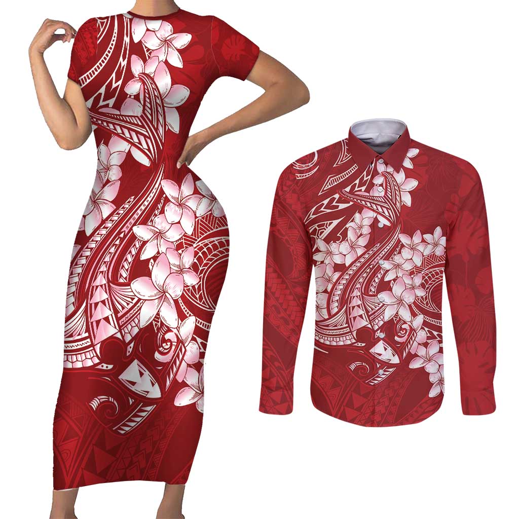 Red Polynesia Hammerhead Shark Tattoo With Plumeria Lei Couples Matching Short Sleeve Bodycon Dress and Long Sleeve Button Shirt