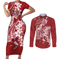 Red Polynesia Hammerhead Shark Tattoo With Plumeria Lei Couples Matching Short Sleeve Bodycon Dress and Long Sleeve Button Shirt