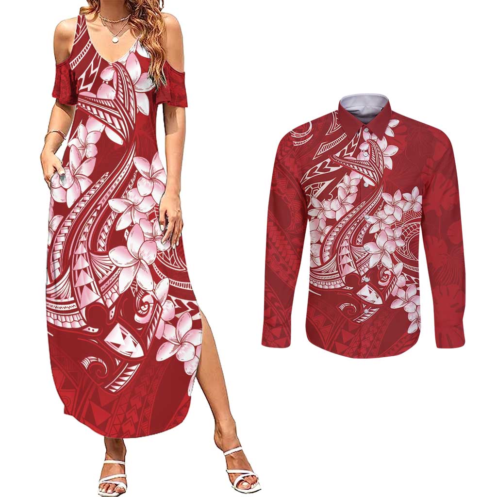 Red Polynesia Hammerhead Shark Tattoo With Plumeria Lei Couples Matching Summer Maxi Dress and Long Sleeve Button Shirt