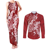 Red Polynesia Hammerhead Shark Tattoo With Plumeria Lei Couples Matching Tank Maxi Dress and Long Sleeve Button Shirt