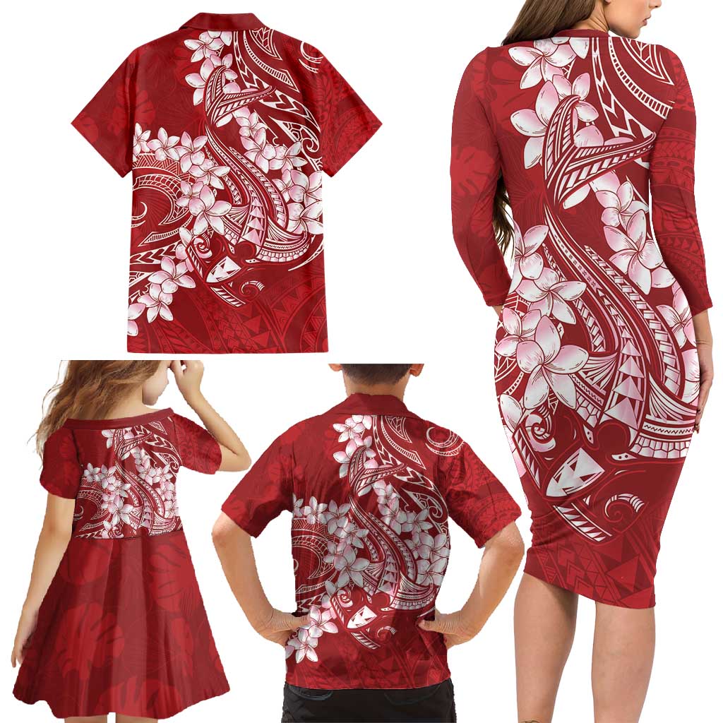 Red Polynesia Hammerhead Shark Tattoo With Plumeria Lei Family Matching Long Sleeve Bodycon Dress and Hawaiian Shirt LT14 - Polynesian Pride