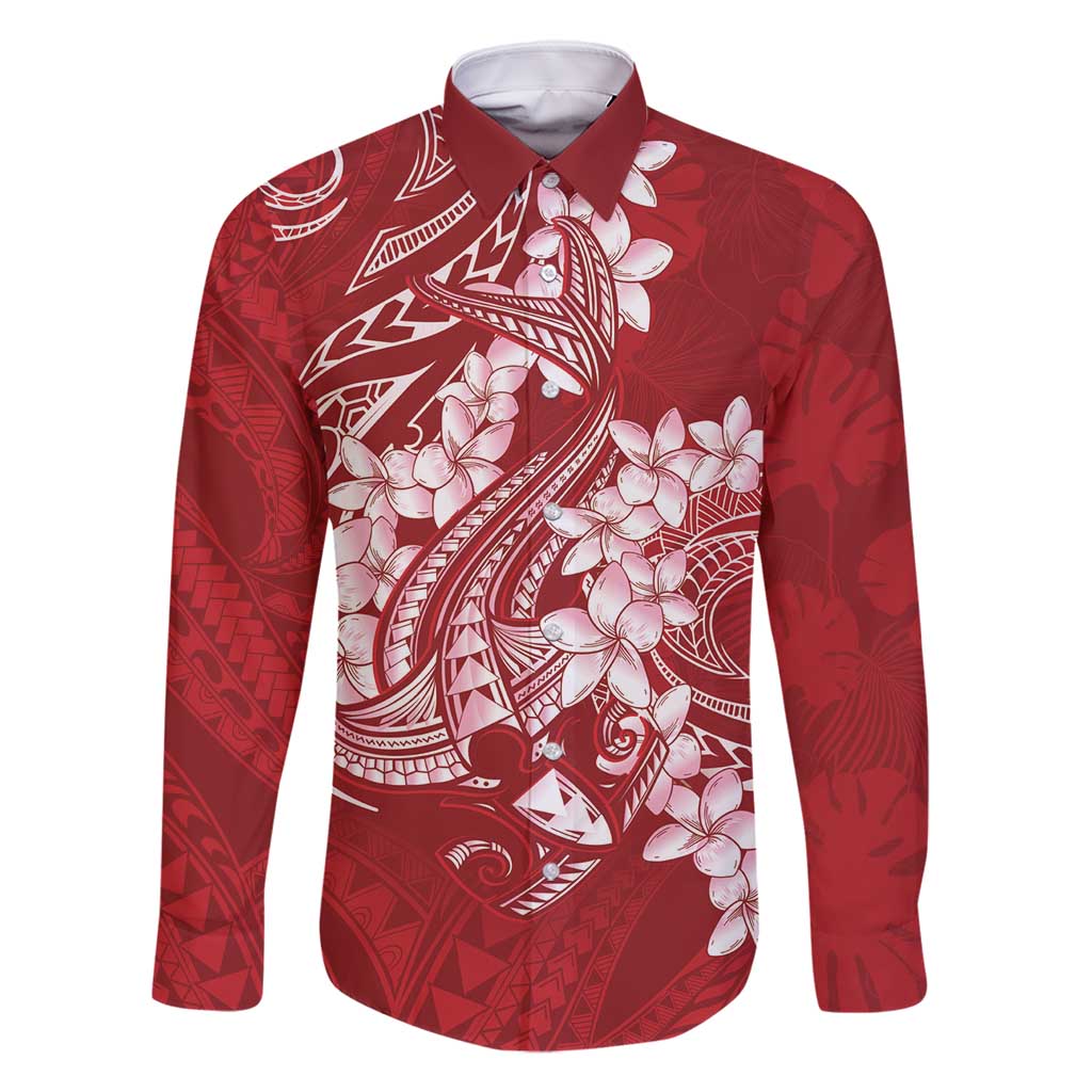 Red Polynesia Hammerhead Shark Tattoo With Plumeria Lei Family Matching Long Sleeve Bodycon Dress and Hawaiian Shirt LT14 Dad's Shirt - Long Sleeve Red - Polynesian Pride
