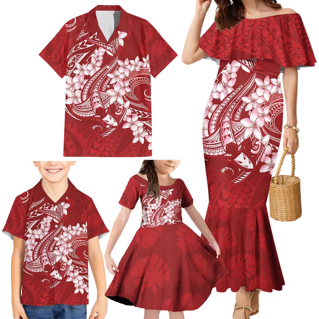 Red Polynesia Hammerhead Shark Tattoo With Plumeria Lei Family Matching Mermaid Dress and Hawaiian Shirt LT14 - Polynesian Pride