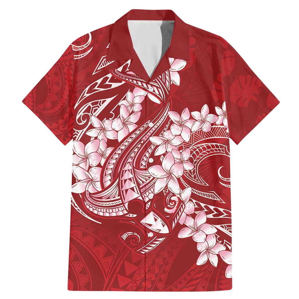 Red Polynesia Hammerhead Shark Tattoo With Plumeria Lei Family Matching Mermaid Dress and Hawaiian Shirt LT14 Dad's Shirt - Short Sleeve Red - Polynesian Pride