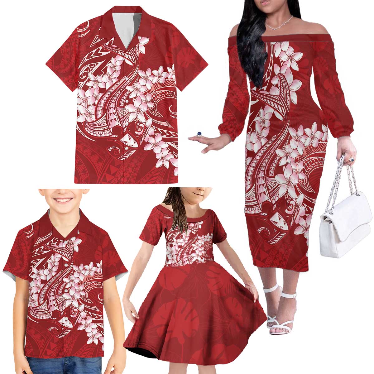 Red Polynesia Hammerhead Shark Tattoo With Plumeria Lei Family Matching Off The Shoulder Long Sleeve Dress and Hawaiian Shirt LT14 - Polynesian Pride