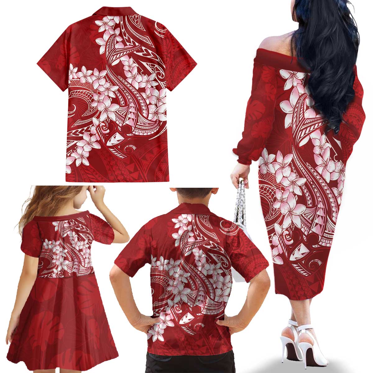 Red Polynesia Hammerhead Shark Tattoo With Plumeria Lei Family Matching Off The Shoulder Long Sleeve Dress and Hawaiian Shirt LT14 - Polynesian Pride