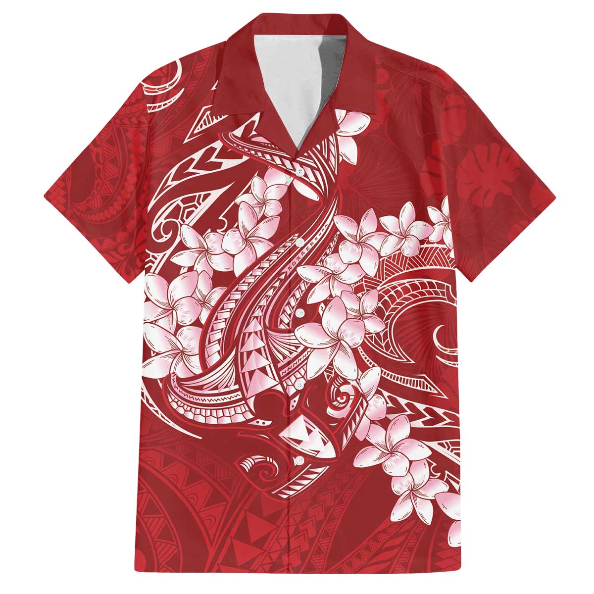 Red Polynesia Hammerhead Shark Tattoo With Plumeria Lei Family Matching Off The Shoulder Long Sleeve Dress and Hawaiian Shirt LT14 Dad's Shirt - Short Sleeve Red - Polynesian Pride
