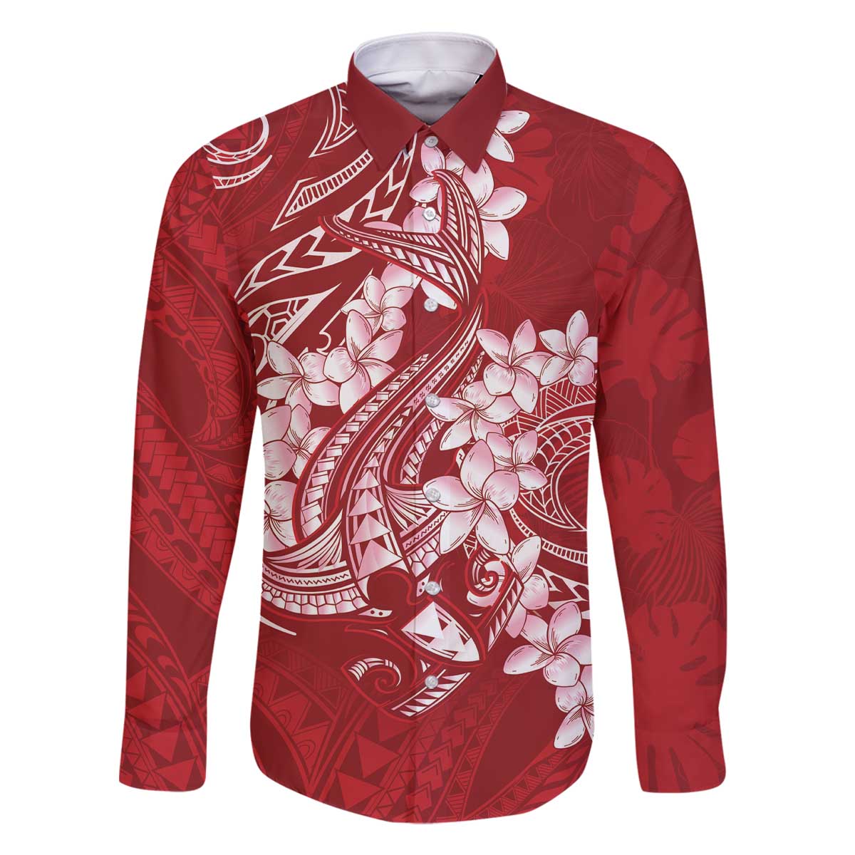 Red Polynesia Hammerhead Shark Tattoo With Plumeria Lei Family Matching Off The Shoulder Long Sleeve Dress and Hawaiian Shirt LT14 Dad's Shirt - Long Sleeve Red - Polynesian Pride
