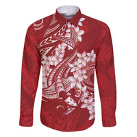 Red Polynesia Hammerhead Shark Tattoo With Plumeria Lei Family Matching Off The Shoulder Long Sleeve Dress and Hawaiian Shirt LT14 Dad's Shirt - Long Sleeve Red - Polynesian Pride