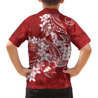 Red Polynesia Hammerhead Shark Tattoo With Plumeria Lei Family Matching Off Shoulder Maxi Dress and Hawaiian Shirt