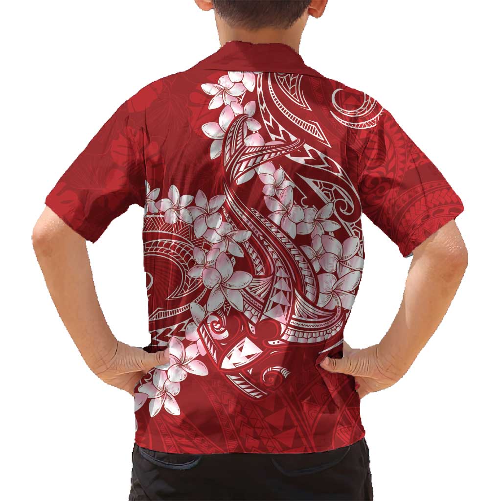 Red Polynesia Hammerhead Shark Tattoo With Plumeria Lei Family Matching Off Shoulder Short Dress and Hawaiian Shirt LT14 - Polynesian Pride