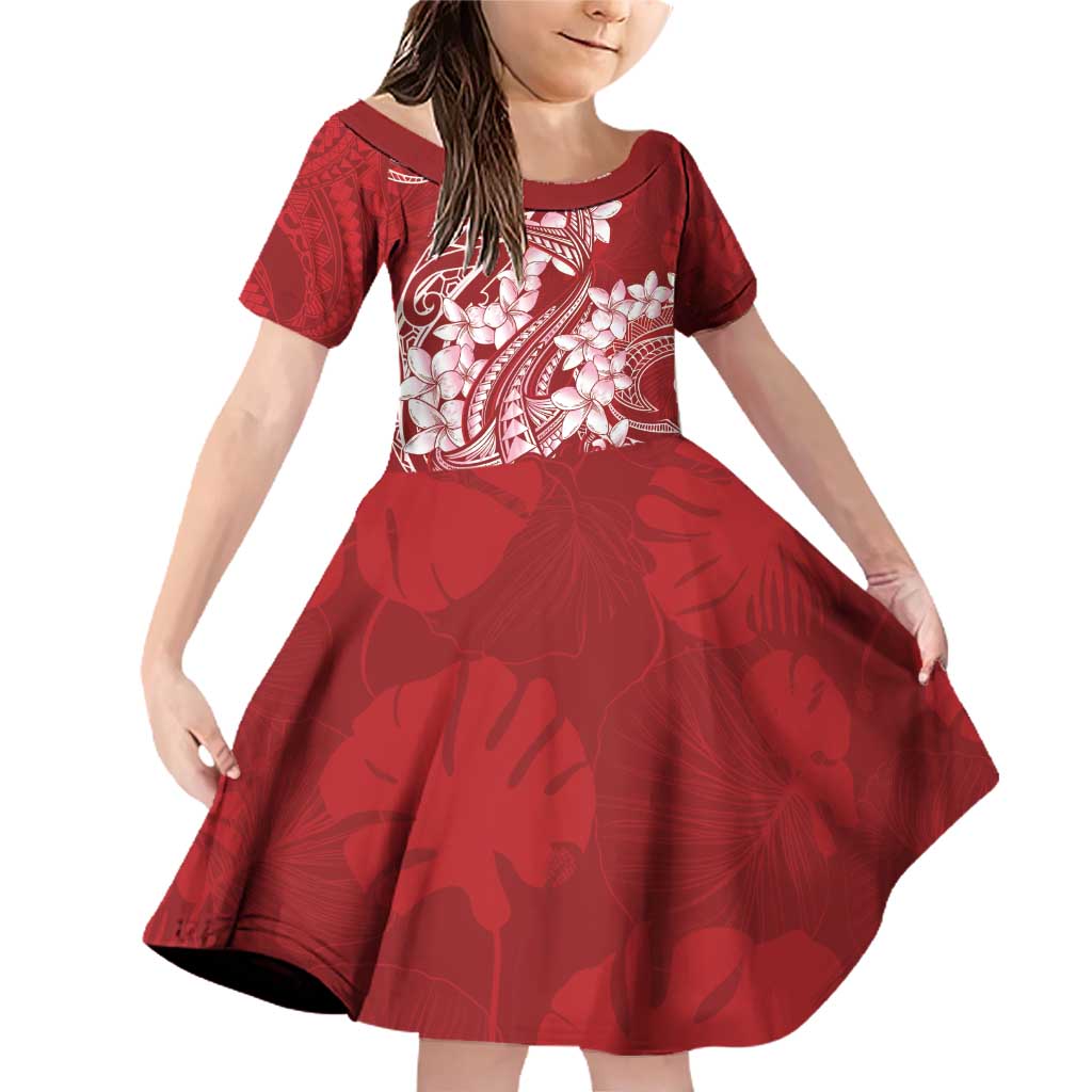 Red Polynesia Hammerhead Shark Tattoo With Plumeria Lei Family Matching Off Shoulder Short Dress and Hawaiian Shirt LT14 Daughter's Dress Red - Polynesian Pride