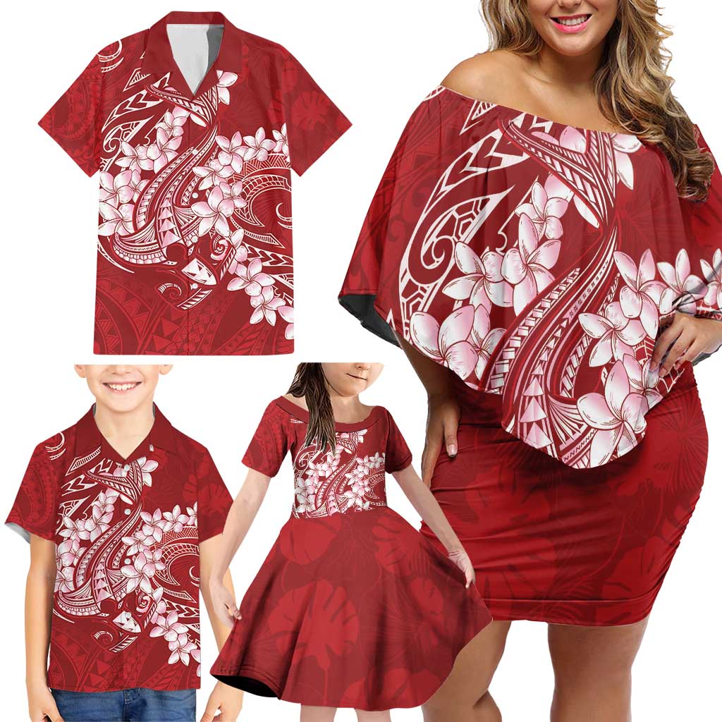 Red Polynesia Hammerhead Shark Tattoo With Plumeria Lei Family Matching Off Shoulder Short Dress and Hawaiian Shirt LT14 - Polynesian Pride