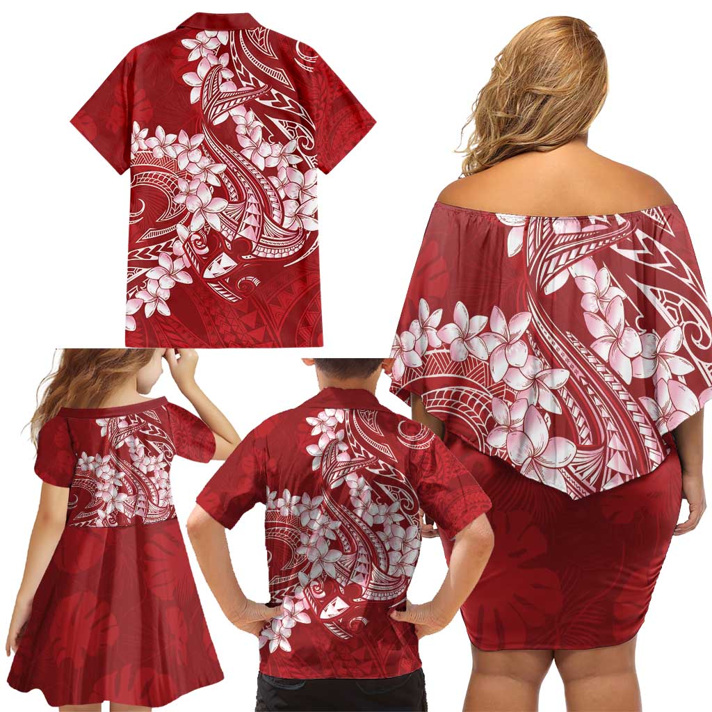 Red Polynesia Hammerhead Shark Tattoo With Plumeria Lei Family Matching Off Shoulder Short Dress and Hawaiian Shirt LT14 - Polynesian Pride
