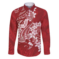 Red Polynesia Hammerhead Shark Tattoo With Plumeria Lei Family Matching Off Shoulder Short Dress and Hawaiian Shirt LT14 Dad's Shirt - Long Sleeve Red - Polynesian Pride