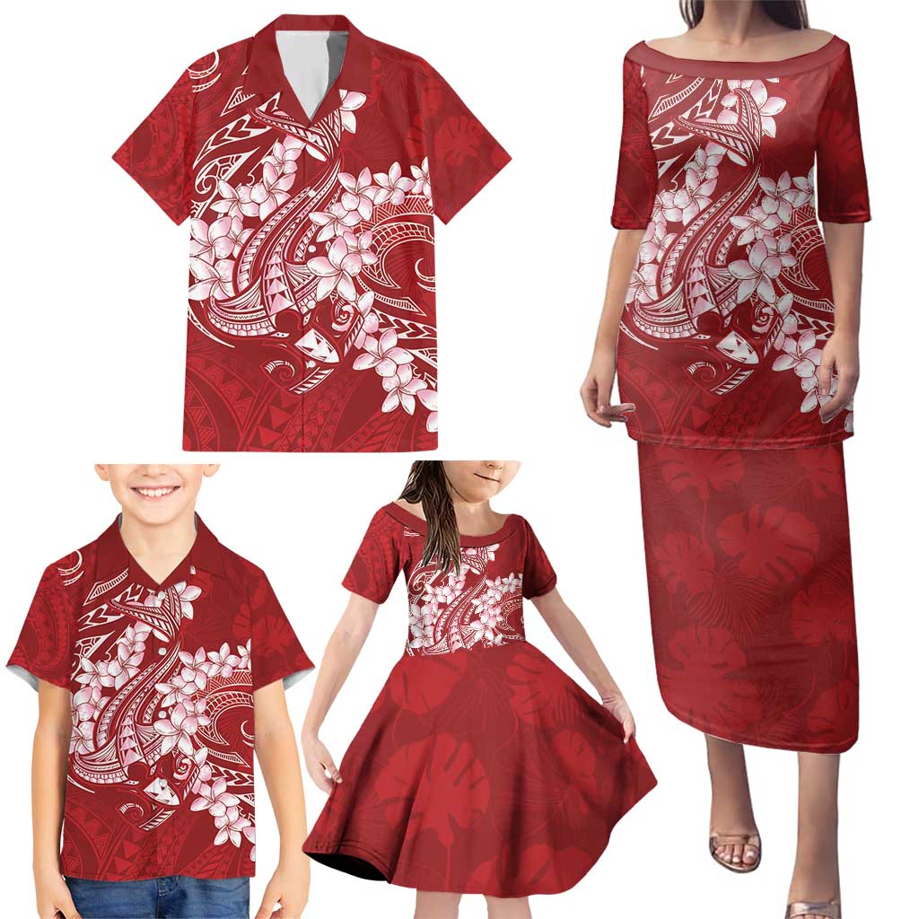 Red Polynesia Hammerhead Shark Tattoo With Plumeria Lei Family Matching Puletasi and Hawaiian Shirt