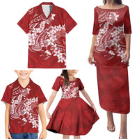 Red Polynesia Hammerhead Shark Tattoo With Plumeria Lei Family Matching Puletasi and Hawaiian Shirt