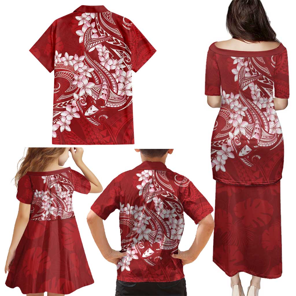 Red Polynesia Hammerhead Shark Tattoo With Plumeria Lei Family Matching Puletasi and Hawaiian Shirt