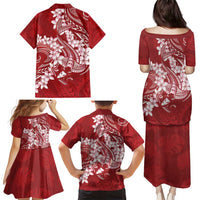 Red Polynesia Hammerhead Shark Tattoo With Plumeria Lei Family Matching Puletasi and Hawaiian Shirt