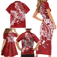 Red Polynesia Hammerhead Shark Tattoo With Plumeria Lei Family Matching Short Sleeve Bodycon Dress and Hawaiian Shirt LT14 - Polynesian Pride
