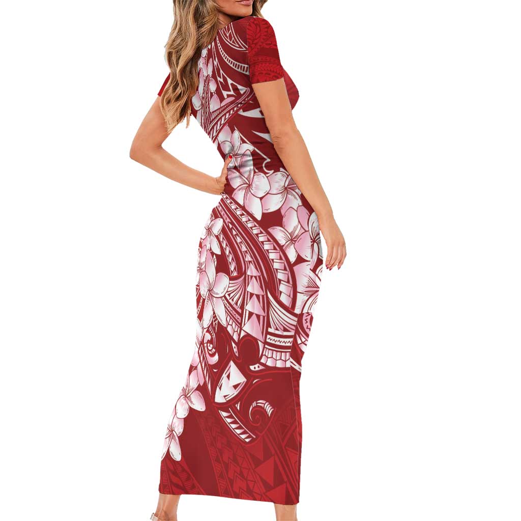Red Polynesia Hammerhead Shark Tattoo With Plumeria Lei Family Matching Short Sleeve Bodycon Dress and Hawaiian Shirt LT14 - Polynesian Pride