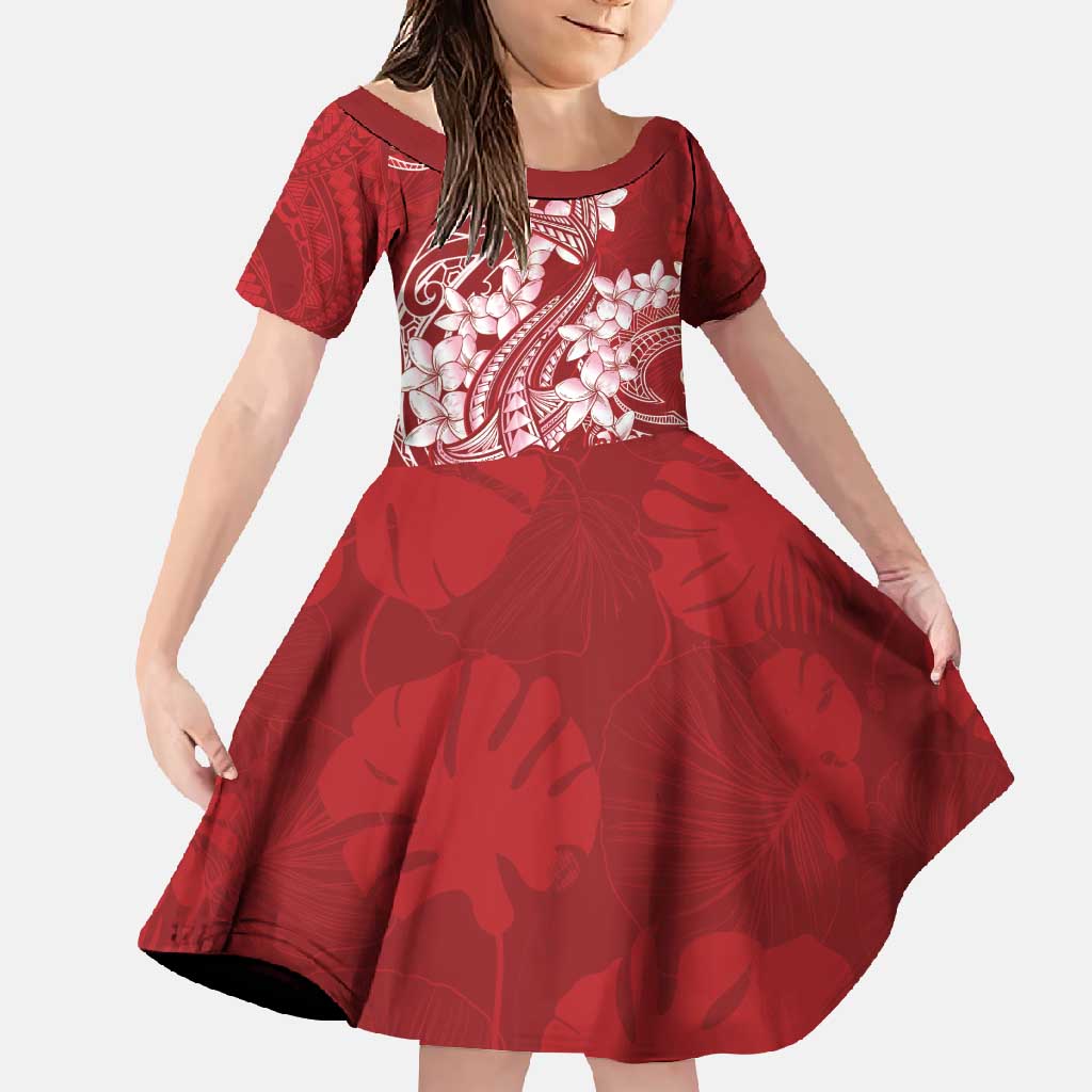 Red Polynesia Hammerhead Shark Tattoo With Plumeria Lei Family Matching Tank Maxi Dress and Hawaiian Shirt LT14 Daughter's Dress Red - Polynesian Pride