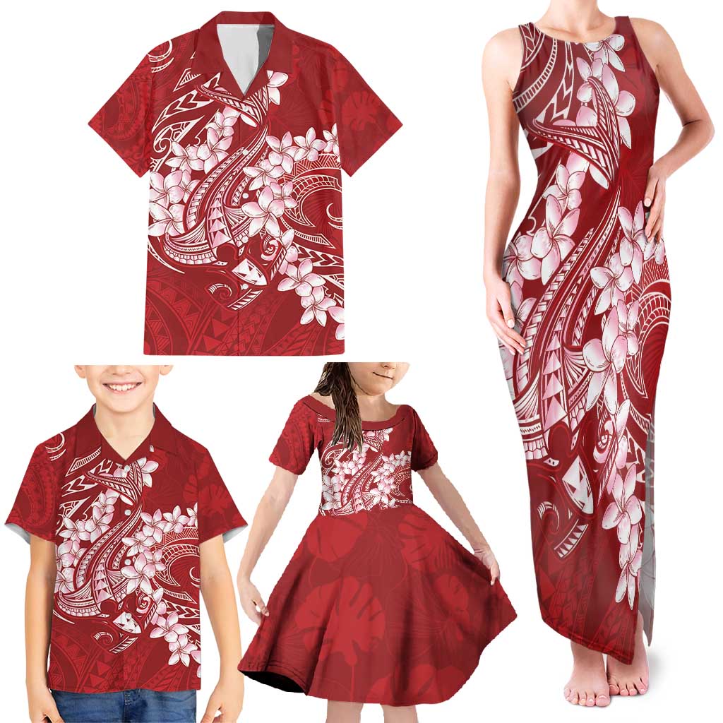 Red Polynesia Hammerhead Shark Tattoo With Plumeria Lei Family Matching Tank Maxi Dress and Hawaiian Shirt LT14 - Polynesian Pride