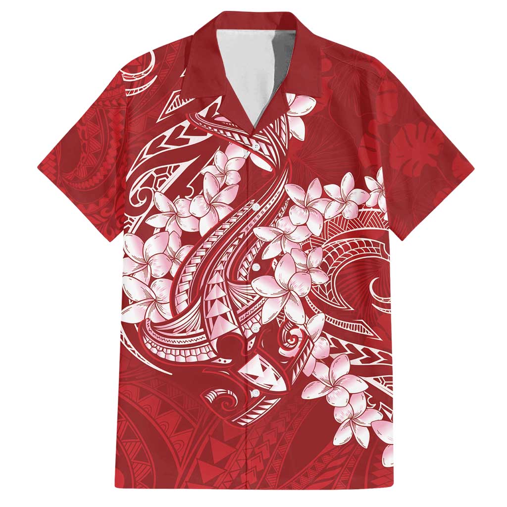 Red Polynesia Hammerhead Shark Tattoo With Plumeria Lei Family Matching Tank Maxi Dress and Hawaiian Shirt LT14 Dad's Shirt - Short Sleeve Red - Polynesian Pride
