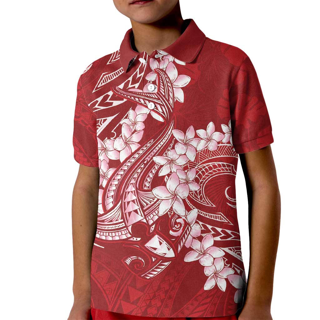 Red Polynesia Hammerhead Shark Tattoo With Plumeria Lei Kid Polo Shirt