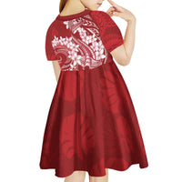 Red Polynesia Hammerhead Shark Tattoo With Plumeria Lei Kid Short Sleeve Dress