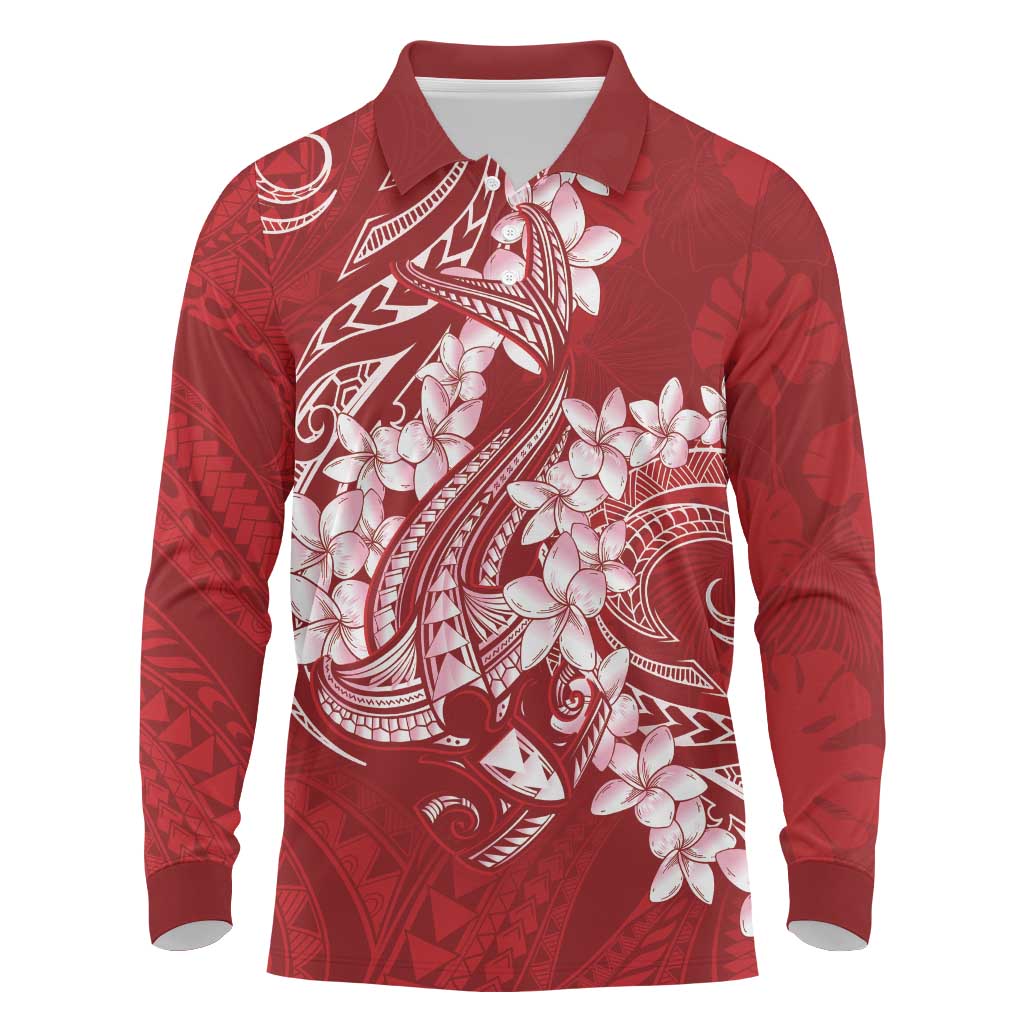 Red Polynesia Hammerhead Shark Tattoo With Plumeria Lei Long Sleeve Polo Shirt