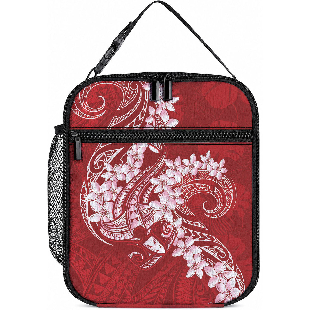Red Polynesia Hammerhead Shark Tattoo With Plumeria Lei Lunch Bag LT14 10.2 × 8.3 × 4.3 inch Red - Polynesian Pride