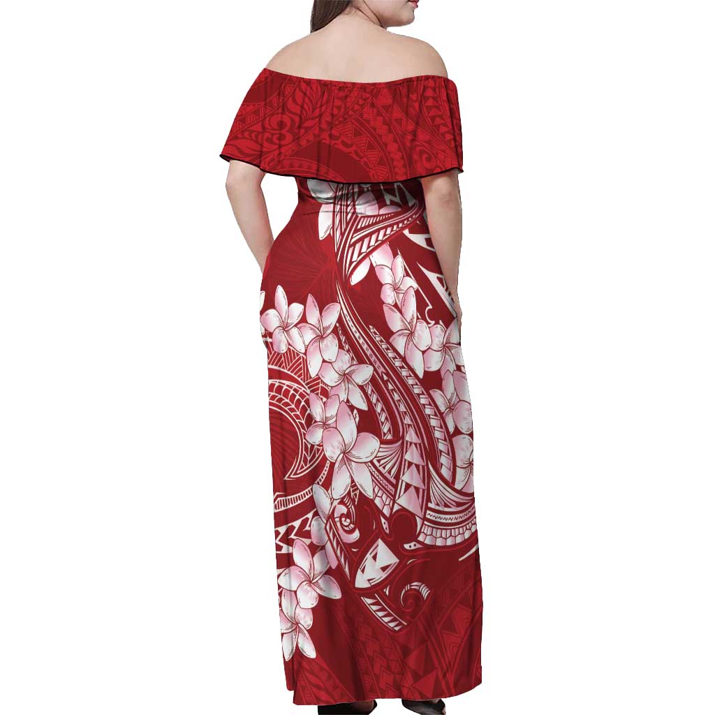 Red Polynesia Hammerhead Shark Tattoo With Plumeria Lei Off Shoulder Maxi Dress