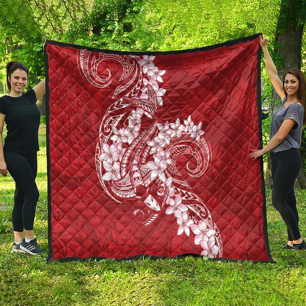 Red Polynesia Hammerhead Shark Tattoo With Plumeria Lei Quilt LT14 - Polynesian Pride