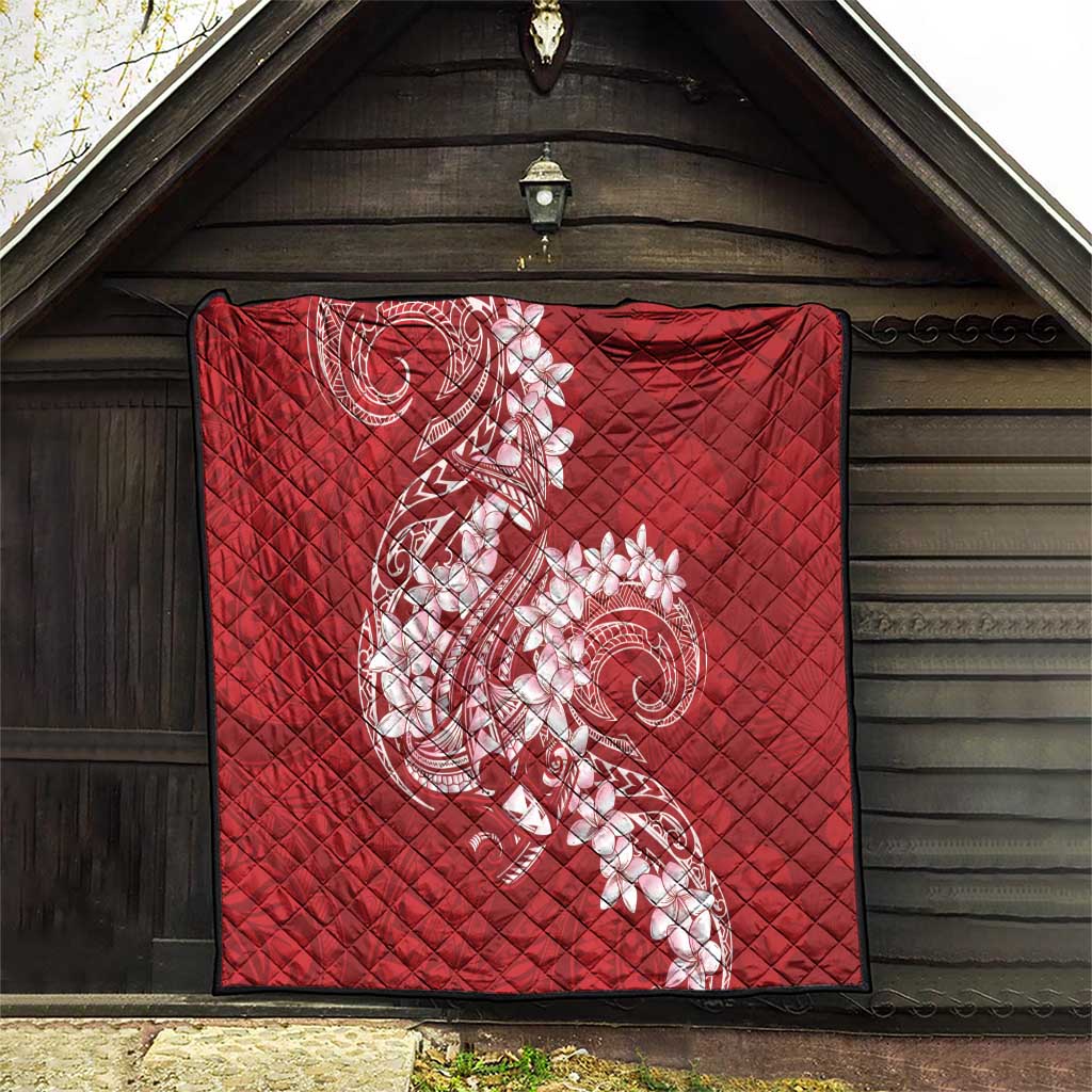 Red Polynesia Hammerhead Shark Tattoo With Plumeria Lei Quilt LT14 - Polynesian Pride