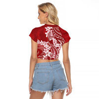 Red Polynesia Hammerhead Shark Tattoo With Plumeria Lei Raglan Cropped T Shirt