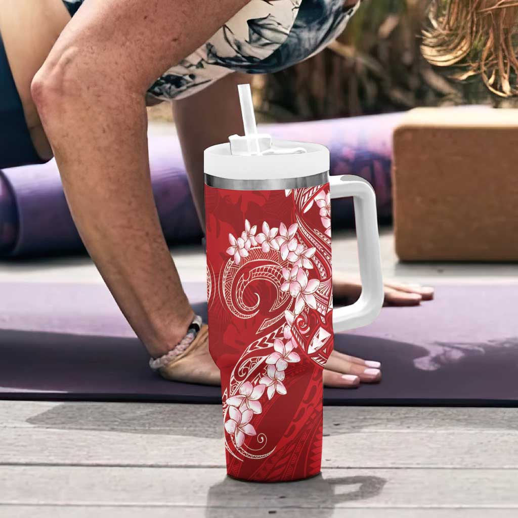 Red Polynesia Hammerhead Shark Tattoo With Plumeria Lei Tumbler With Handle LT14 - Polynesian Pride