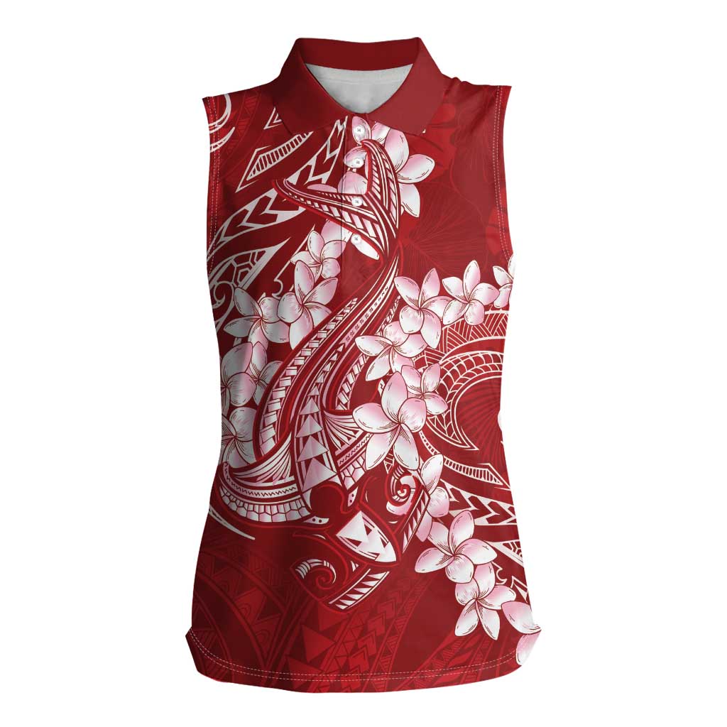 Red Polynesia Hammerhead Shark Tattoo With Plumeria Lei Women Sleeveless Polo Shirt