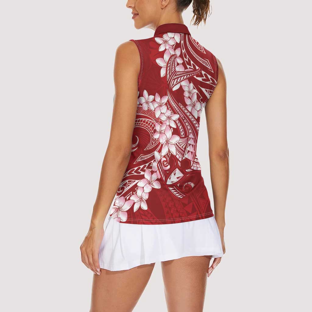 Red Polynesia Hammerhead Shark Tattoo With Plumeria Lei Women Sleeveless Polo Shirt