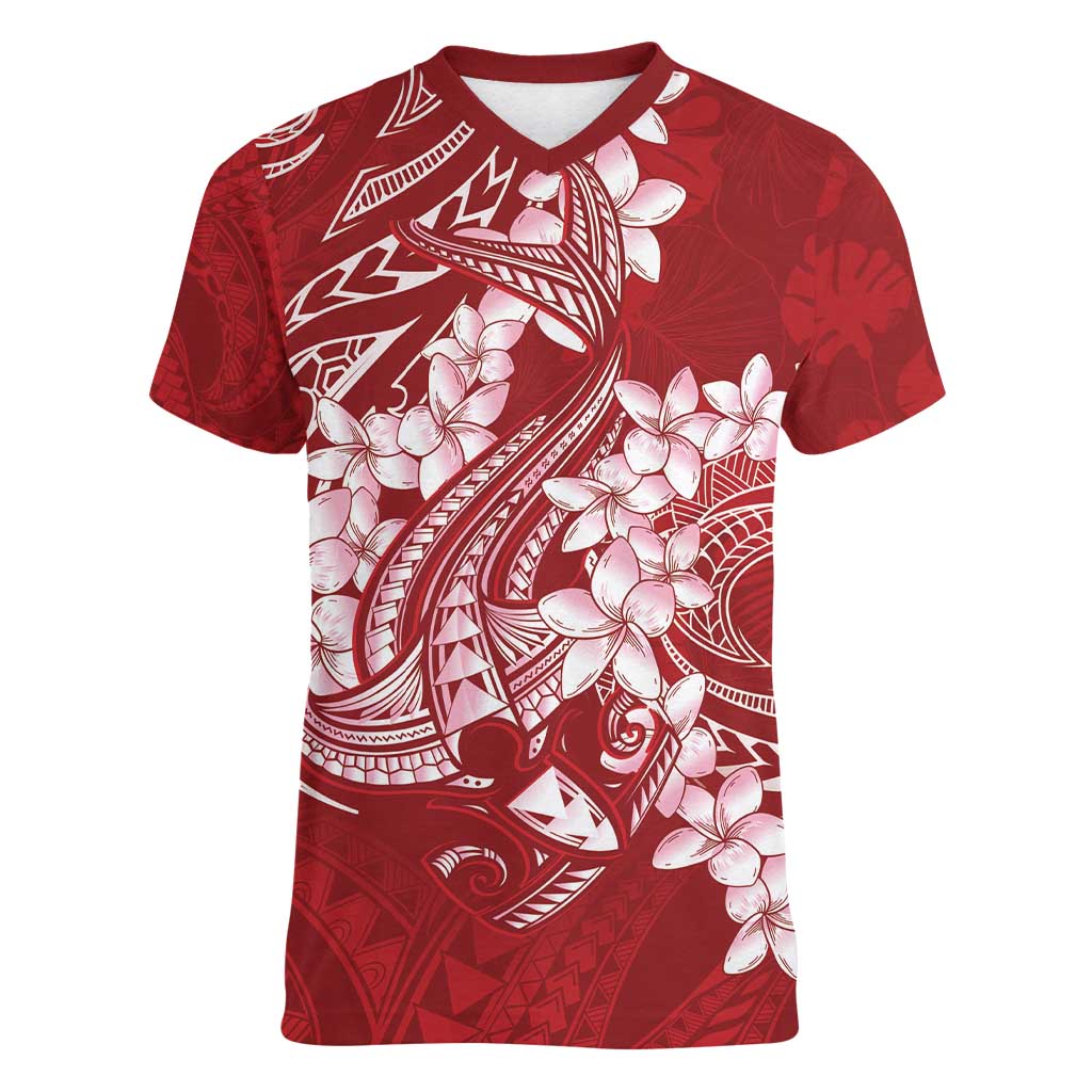 Red Polynesia Hammerhead Shark Tattoo With Plumeria Lei Women V-Neck T-Shirt