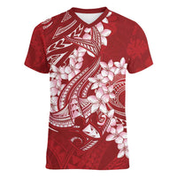 Red Polynesia Hammerhead Shark Tattoo With Plumeria Lei Women V-Neck T-Shirt