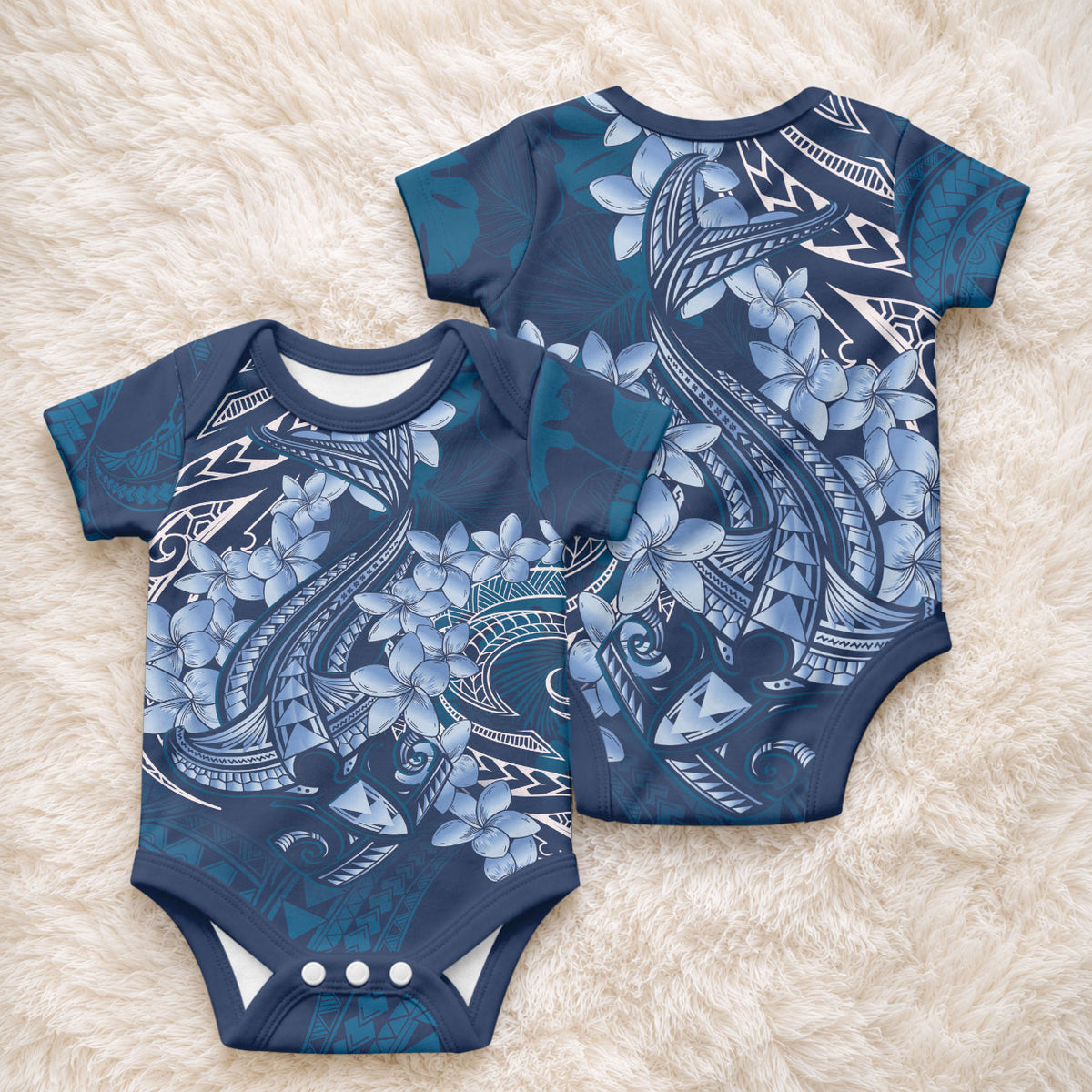 Navy Blue Polynesia Hammerhead Shark Tattoo With Plumeria Lei Baby Onesie LT14 - Polynesian Pride